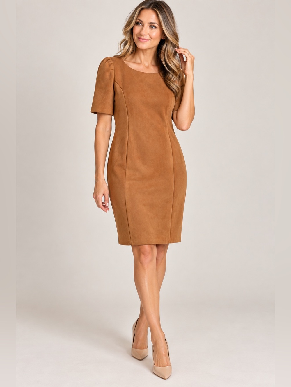 DKNY Camel Brown Faux Suede Sheath Career Dress Size 12 Short Sleeve